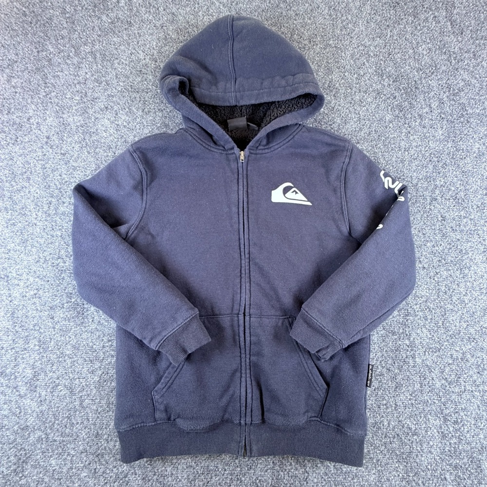 Quicksilver Hoodie Boys M 10/12 Blue Cotton Sherpa Lined Printed Logo Full‎ Zip
